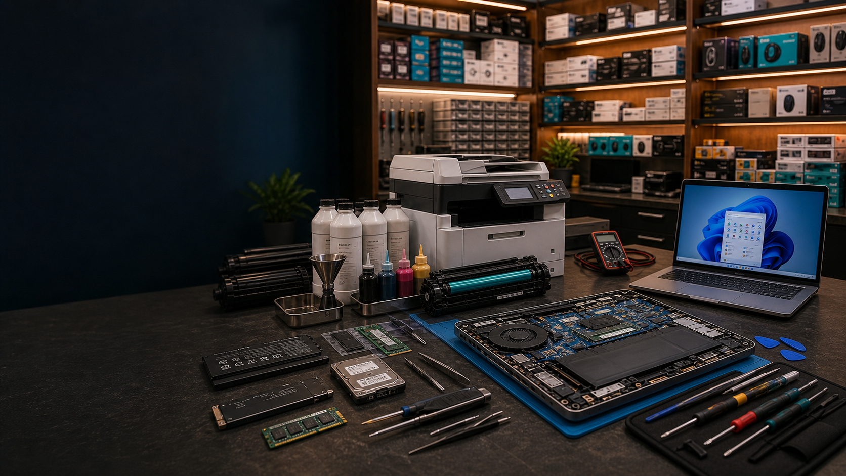 Balanced IT service counter with an open laptop repair bench, software diagnostics laptop, printer, toner cartridges and refill tools
