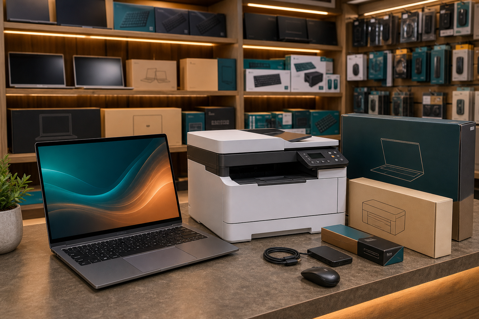 New laptops, printers and IT accessories arranged for sale inside a computer shop