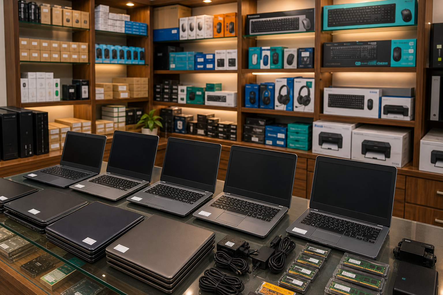 Verified refurbished laptops arranged on a shop counter with accessories