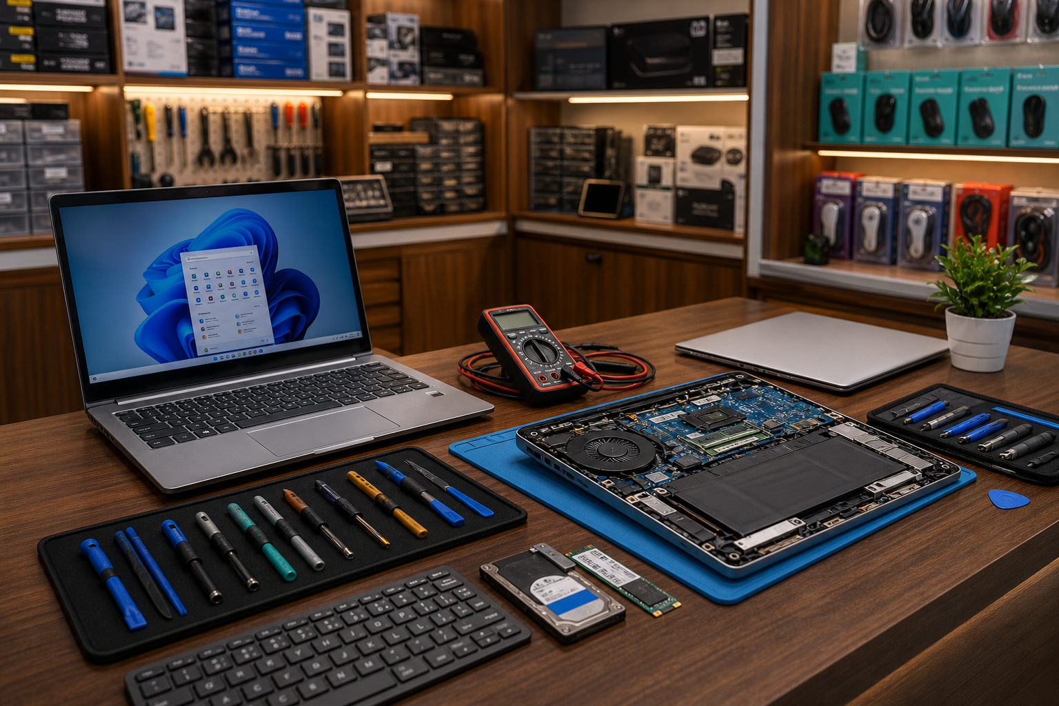 Laptop repair bench with open laptop internals, tools and diagnostics equipment