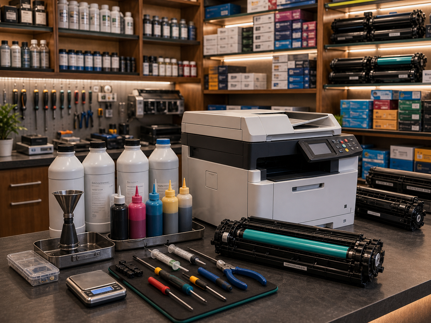 Printer service counter with toner refilling bottles, cartridges and printer repair tools