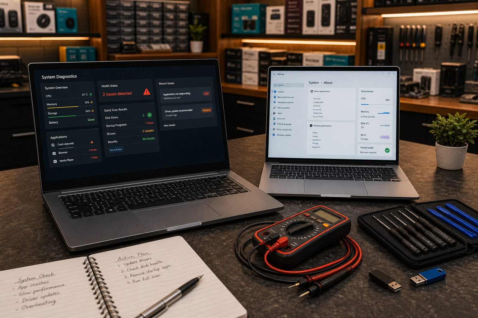 Software troubleshooting bench with laptops showing diagnostics, driver checks and app issue panels